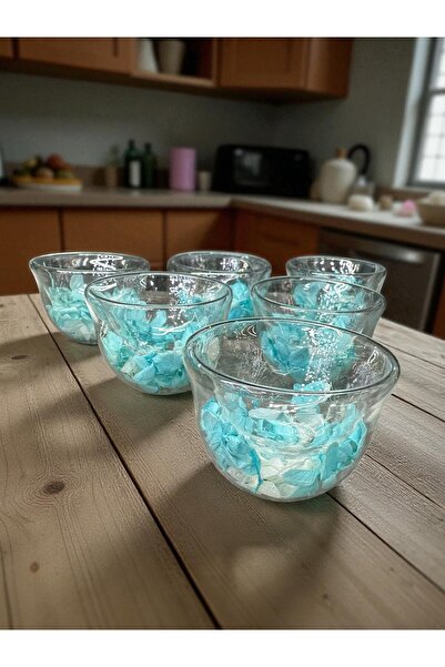 İnterlife 6-Piece Double-Walled Artificial Flower Turkish Delight Bowl, Confectionery, Coffee Side Serving, Small Glass Bowl, 7 cm