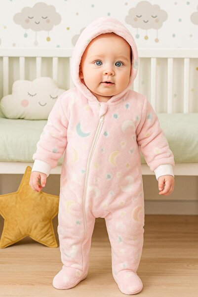 MaCGlorians Peluş Çapraz Fermuarlı Ay Yıldız Figürlü Kapüşonlu Tulum