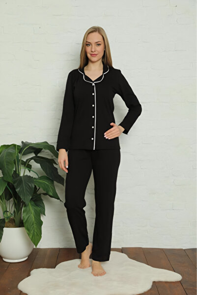 Ars Uzun Kollu Düğmeli Pamuklu Siyah Kadın Pijama Takımı