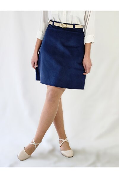 YAXİ High Waist Knee-Length Navy Blue Velvet Twill Fabric A-Line Skirt