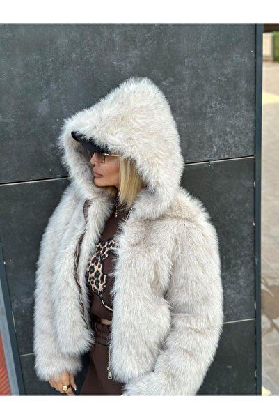 Kokoşum Butik 3992 Zippered Hooded Fur Beige