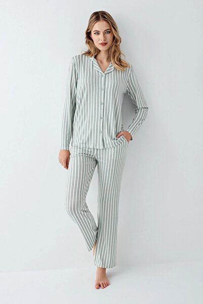 Arnetta Women's Striped Cotton Front Buttoned Pajama Set