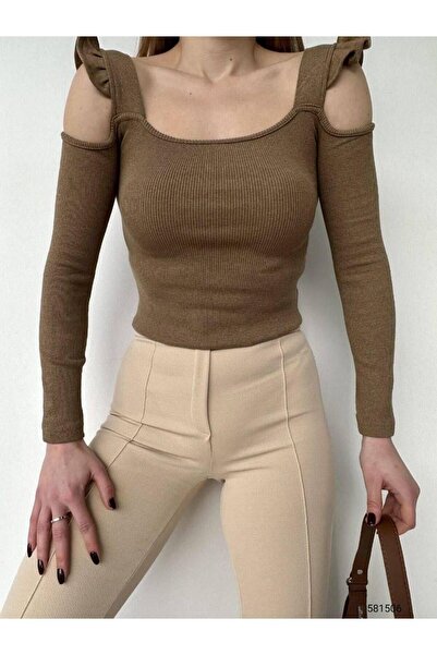 Modafeminen Flexible Fabric Ribbed Knit Blouse 581506 Camel