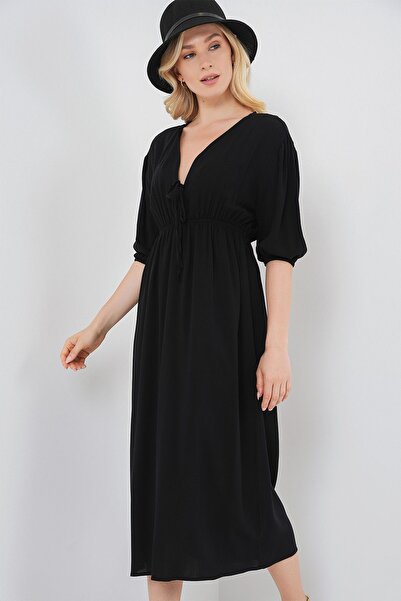 Hiccup Bdart V-Neck and Tie Detail A-Line Midi Dress