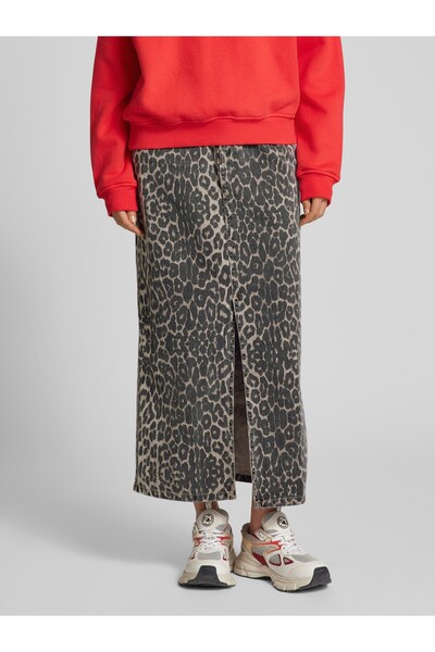 Colorstories Leopard Patterned Slit Midi Denim Skirt