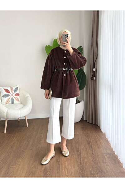 RFK Butik Women's Button Detailed Belted New Season Thai Feather Jacket - Brown