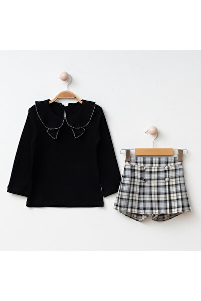 My Lusa baby wear Aybüke | Baby Lapel Collar Corded Fabric Fabric Long Sleeve Top and Plaid Button Shorts Skirt Set - 2/3/4/5 Years Old