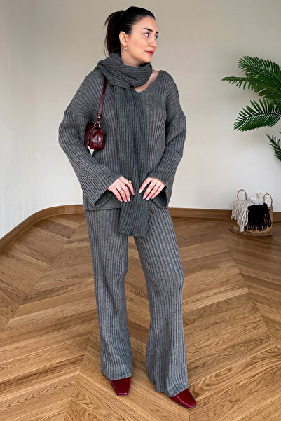 Cappmoda TKM-13367 Füme Şallı Triko & Etek Fitilli Üçlü Takım