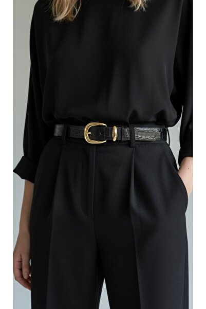 Kemerix 100% Genuine Leather Gold Buckle Crocodile Patterned 3 cm Women's Belt