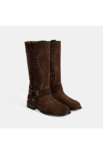 Desa Women's Brown Studded Detailed Suede Leather Boots