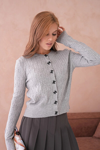 Park Karon Women's Crew Neck Button Detail Hair Knit Soft Textured Knitwear Cardigan