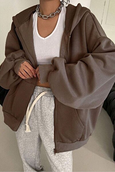 ROYAL FASHİON Women's 3 Thread Brown Hood Detail Zippered Cardigan