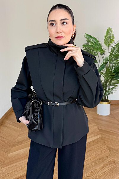 Cappmoda CKT-12480 Siyah Pamuklu Poliviskon Apoletli Dik Yaka Kemerli Ceket