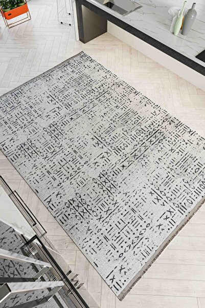 Oriente Home İskandinav Desenli Gri Şönil Makine Halısı Kaymaz Taban Yıkanabilir Mutfak Halısı 7806