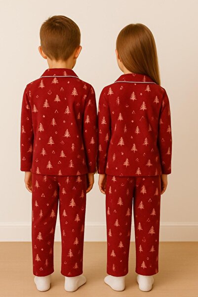 zepkids New Year Patterned Fleece-Lined Red Color Unisex Children's Pajama Set