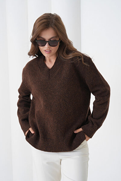 Park Karon Women's V-Neck Soft Textured Oversized Knitwear Sweater