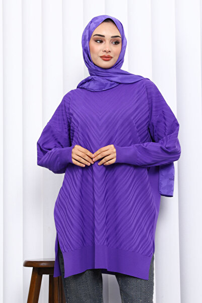 İmajButik Purple Crew Neck Cold Thread Knitwear Tunic