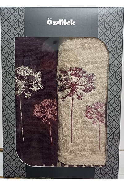 Özdilek Erba Seca 2-Piece Embroidered Hand and Face Towel 50X90 cm Beige- Plum