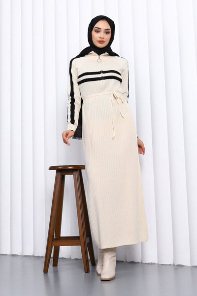 İmajButik Cream Collar Zippered Corded Fabric Striped Knitwear Dress