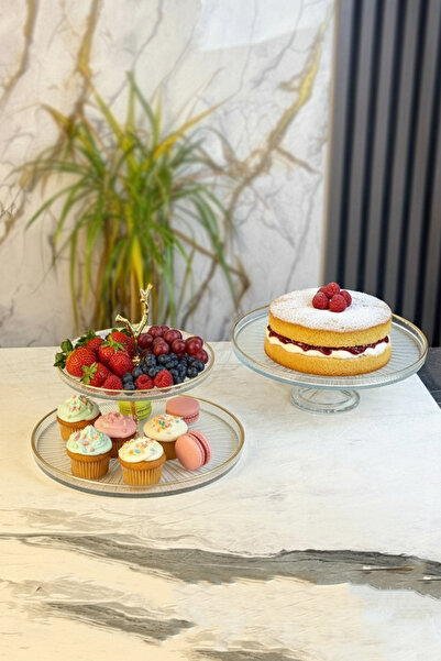 MAY HOME 2-Piece Glass Kura Piped K Pedestal Plate Presentation Set & Cake Fruit Food Presentation Stand