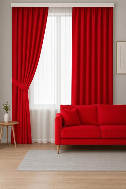 proevteks Kırmızı Petek Kadife Dokulu Fon Perde - 1 e 2.5 kat Pileli