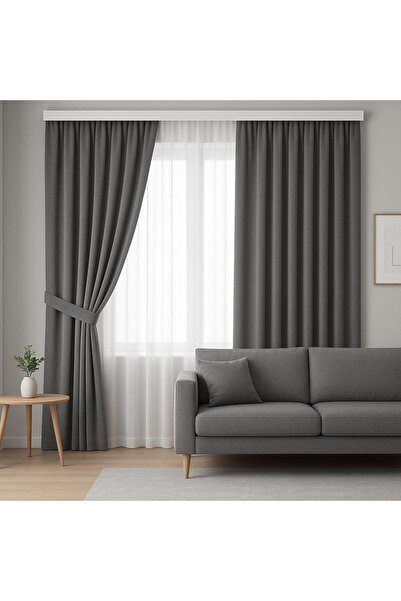 proevteks Gri Petek Kadife Dokulu Fon Perde - 1 e 2.5 kat Pileli