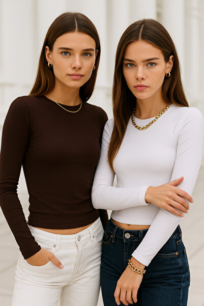 Rich Women's White-Brown 2-Pack Crew Neck Stretchy Fabric Fitted Slim Fit Long Sleeve Crop