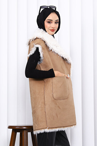 İmajButik Mink Double-Breasted Suede Vest with Fur Inside the Collar