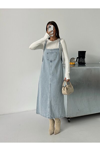 blue marlın Women's Long Stone Strapped Bahçevan Denim Dress