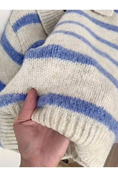 banessa Ecru Blue Fleece-Lined Polo Neck Oversized Women's Knitwear Sweater