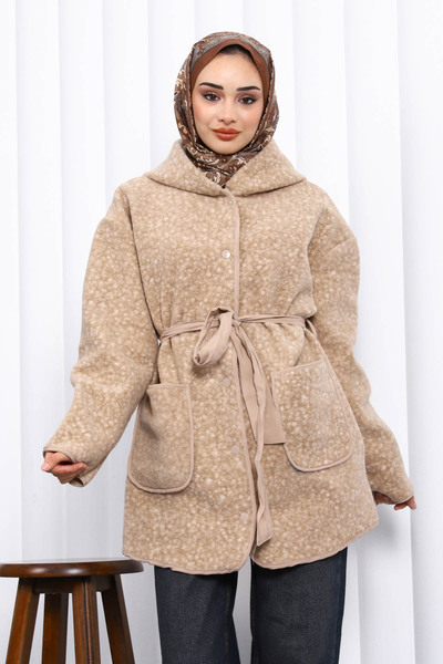 İmajButik Mink Snap Fastener Belted Cashmere Coat