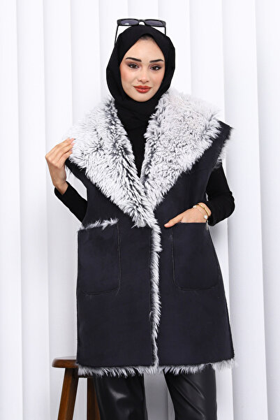 İmajButik Black Double-Breasted Collar Fur Lined Suede Vest