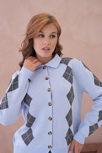 Miss Allos Women's Diamond Patterned Buttoned Front Collared Knit Cardigan