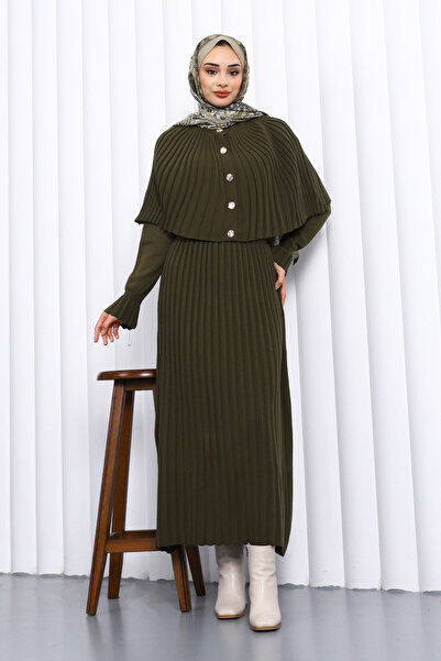 İmajButik Khaki Cape Detailed Long Knit Dress