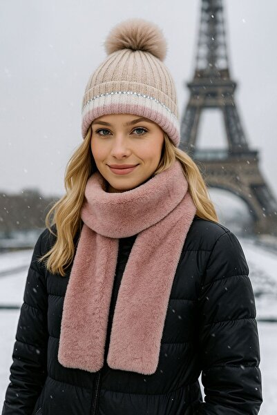 FELLMENS Set de 2 berete și guler cu pompon din piatră roz