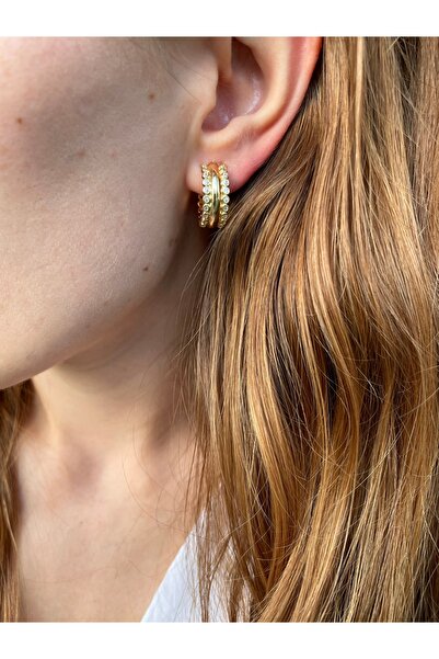 Hora Zirkon Detaylı Gold Çelik Halka Küpe