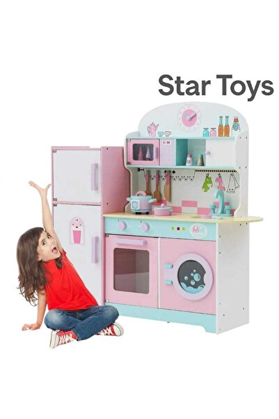 STAR TOYS Wooden toy kitchen for children – multi-functional with refrigerator, oven and sink –