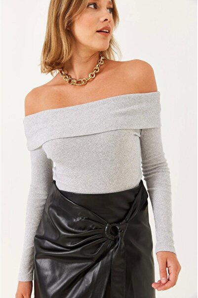 Be Best Women's Gray Madonna Collar Ribbed Knit Blouse Be165