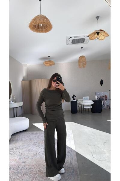 Buket Teke Khaki Drape Detail Boat Neck Wrinkled Suit