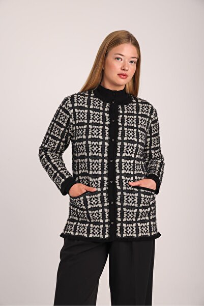 Uludağ Triko Women's Black Plaid Patterned Pocketed Buttoned Knitwear Cardigan