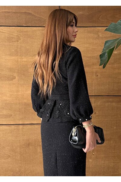 Siseniorita Peplum Cut Tweed Midi Dress with Voluminous Sleeves and Pearl Appliques