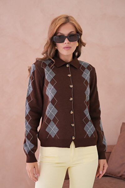 Miss Allos Women's Diamond Patterned Buttoned Front Collared Knit Cardigan