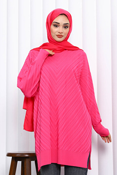 İmajButik Fuchsia Crew Neck Cold Thread Knitwear Tunic