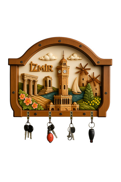 TuraLazerKesim Breloc 2D plat, multifuncțional, din lemn Izmir, cu patru cârl...