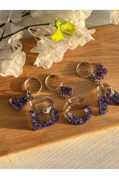 Sultan Tasarım Renki Seashell Heart - Teddy Bear - Butterfly Attached Epoxy Letter Keychain