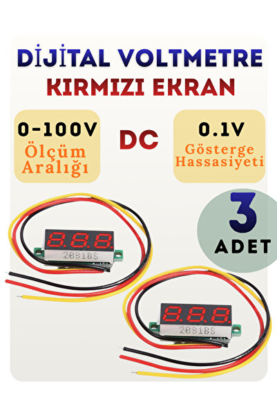 Arduino 3-adet Dijital DC Voltmetre Seti 0–100V, 0.28" Kırmızı Ekran