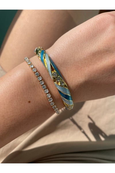 Hora Mavi Mine ve Zirkon İşlemeli Gold Çelik Kelepçe