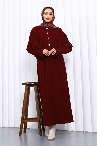 İmajButik Burgundy Cape Detailed Long Knitwear Dress