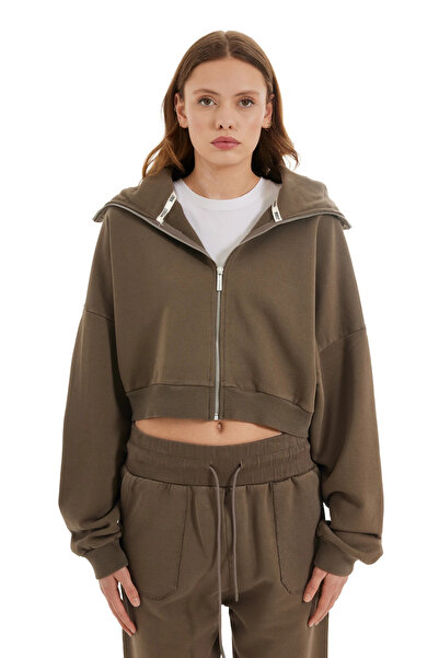 MORREZ Kahve Eskitme Detaylı Crop Hoodie