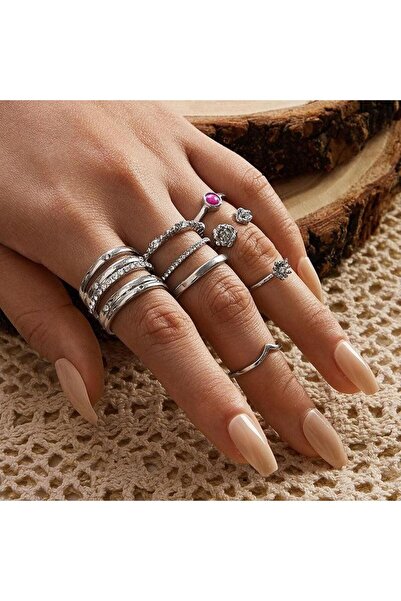 Pursehuit Set de 8 inele, argintii cu pietre, Torsten C4